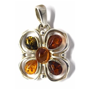 Vintage Baltic Amber Pendant: Multicolor Sterling Silver Floral Design #47