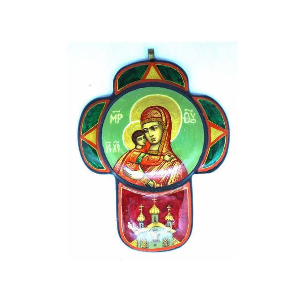 Vintage 1999 Russian Hand Painted Lacquered Unique Cross PENDANT- Our Lady of Vladimir or Virgin of Vladimir Russian Orthodox Church #14