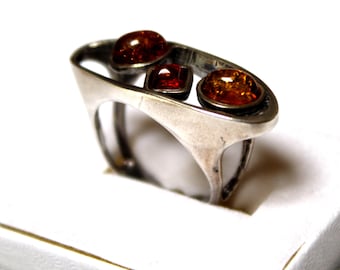 Vintage Baltischer Bernstein Ring: Cognac & Honig 925 Sterling Silber, handgefertigt in Polen
