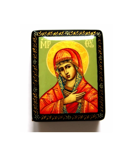 Vintage Palekh Lacquer Box: Our Lady of Tenderness, Signed Russian