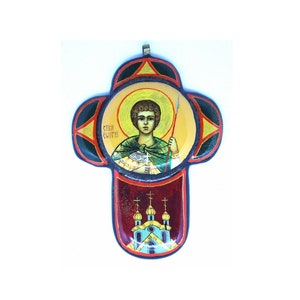 Vintage 2002 Russisch handgeschilderd, ondertekend door kunstenaar, gelakt uniek kruis HANGER- St. George van de Russisch-orthodoxe kerk #8