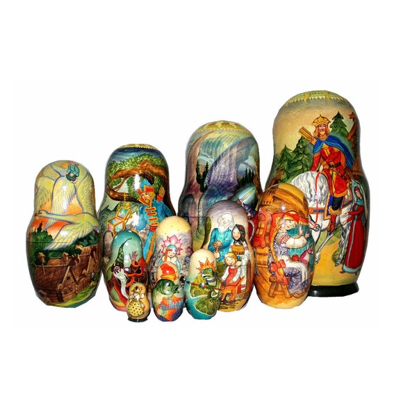 Vintage Hand Painted and Signed by the Russian Artist Russian Wooden Nesting Doll (matrioshka, matryoska) - Russian Fairy Tales set of 11