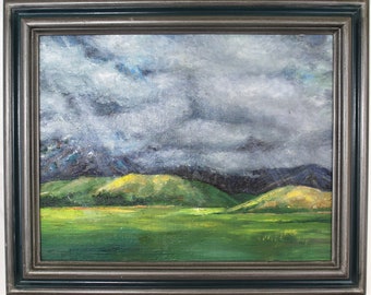 Vintage Russian Landscape Oil Painting, Green Hills, Framed Art by Yuriy Marinichev