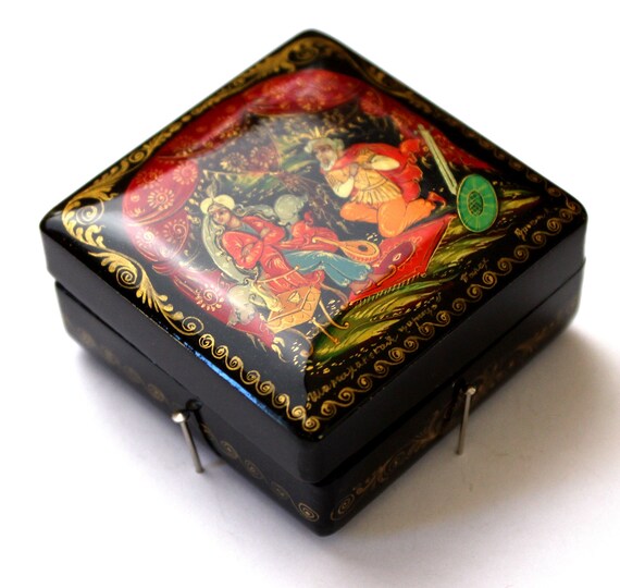 Palekh Lacquer Box, Magic Cockerel Fairy Tale, Hand Painted