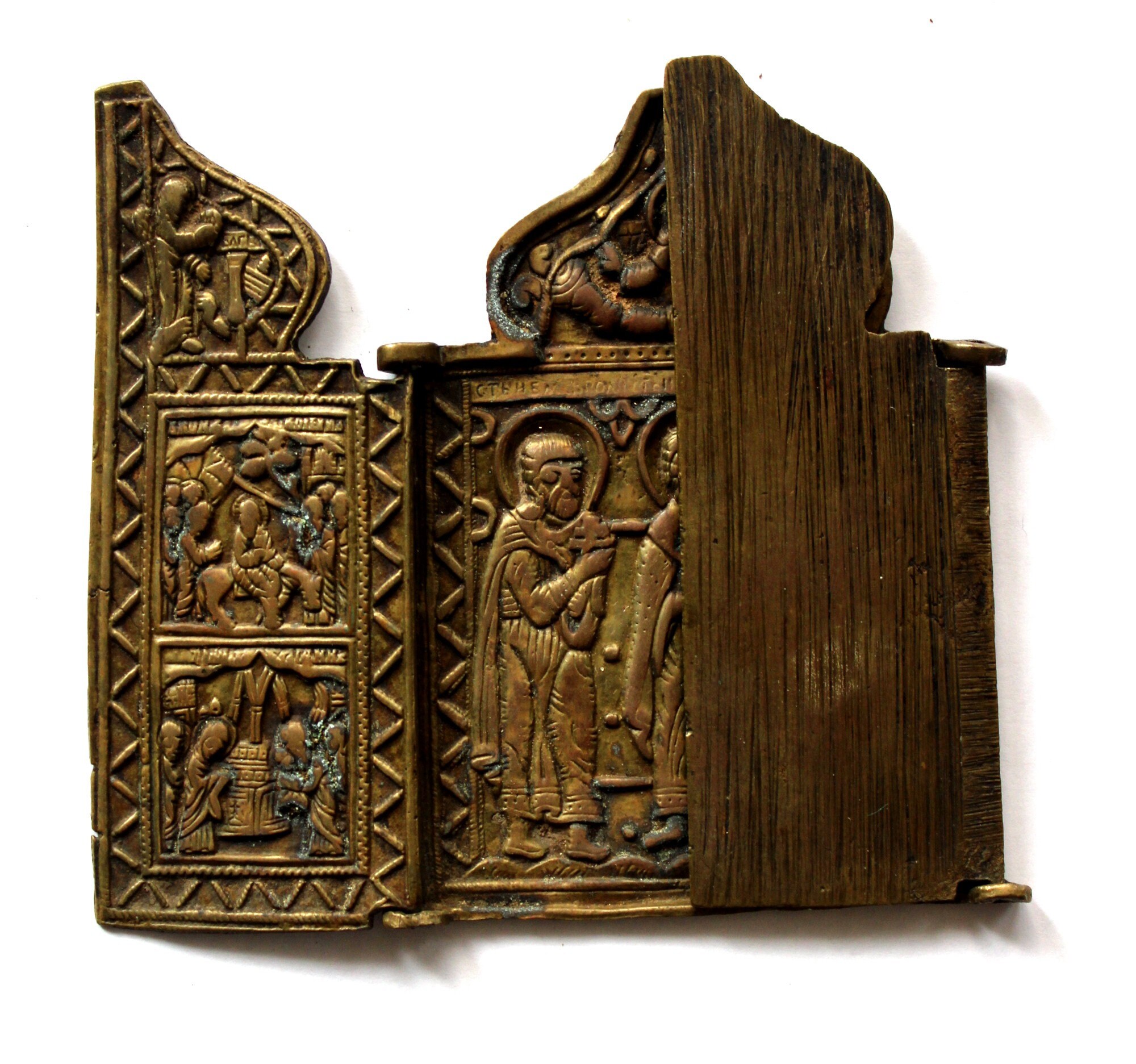Antique Russian Bronze Triptych Icon, Antipas of Pergamum, XIX