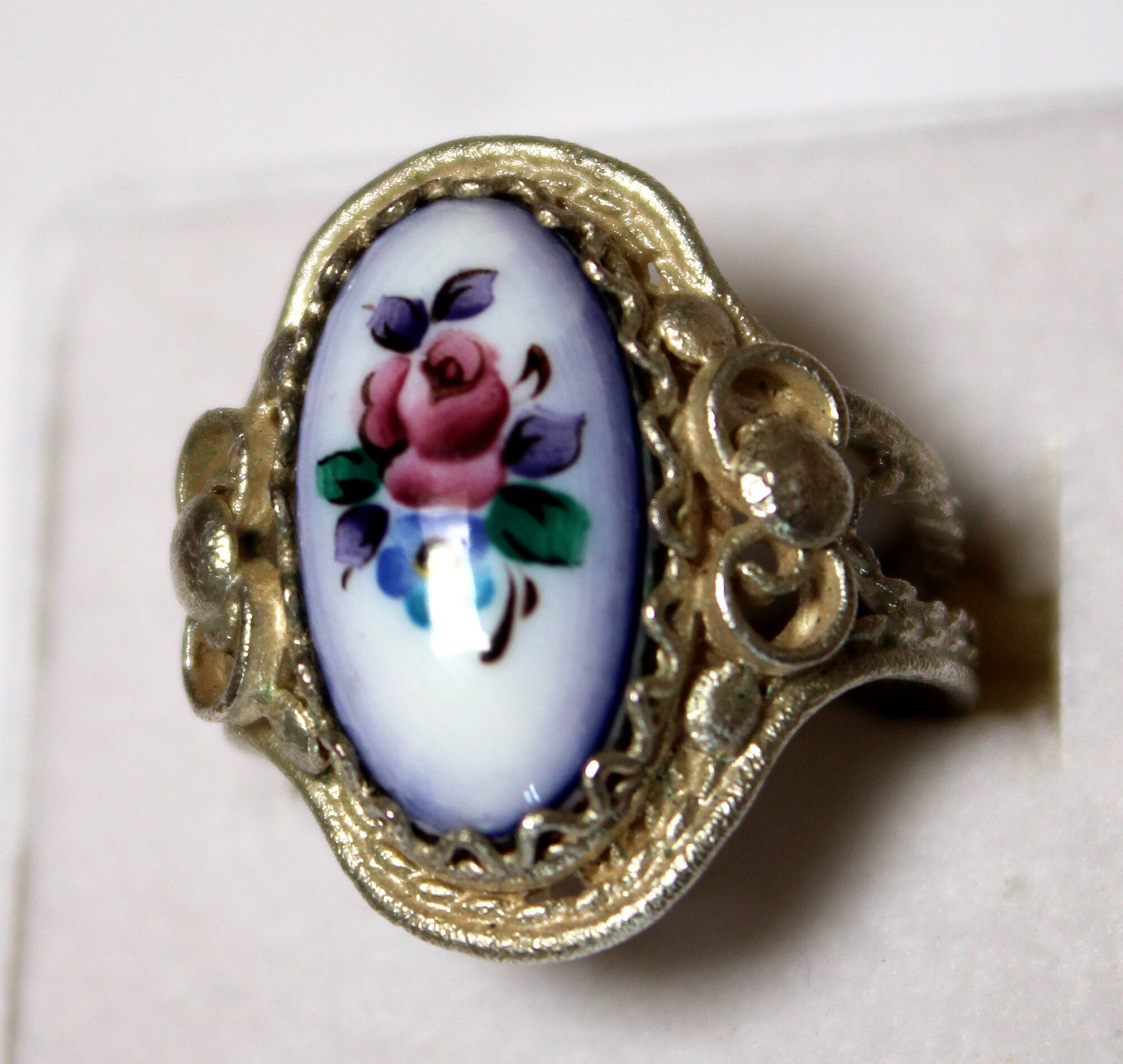 Bague Vintage Ajustable En Métal Argenté Avec Cadre Fleur Bleu émaillé - Neuf Sans Emballage