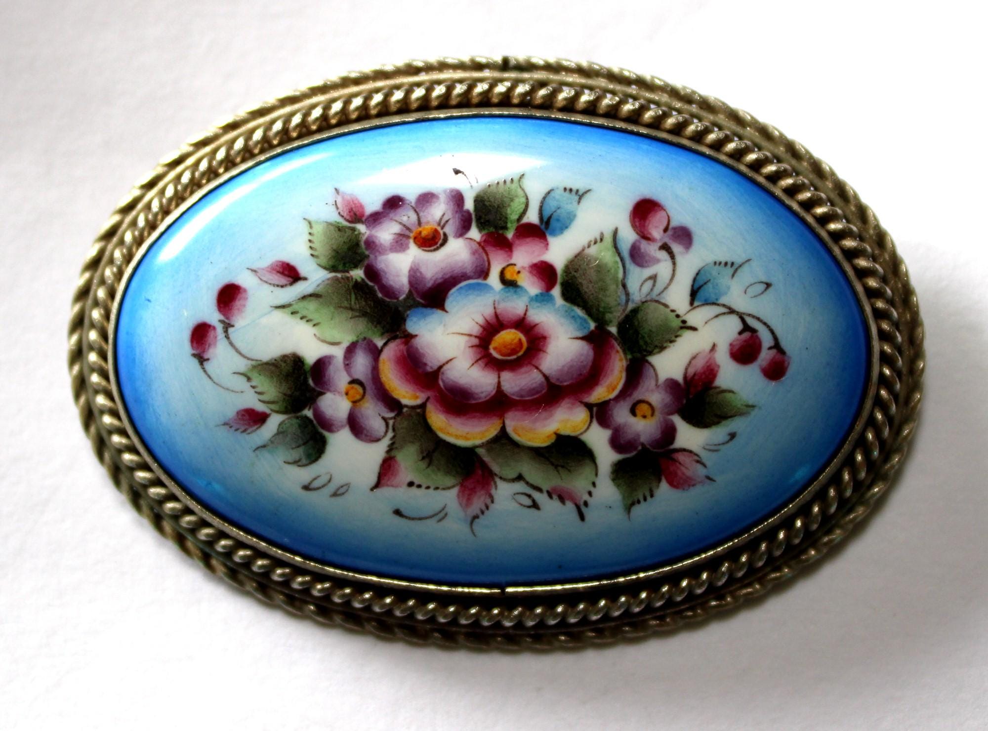 Broche Russe émaillée Bleue à Motif Fleurs - Bijou Fantaisie Plaqué Argent Peint Main FINIFT