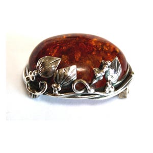 Baltic Genuine Amber Brooch 925 Sterling Silver Vintage Handmade in Poland #88