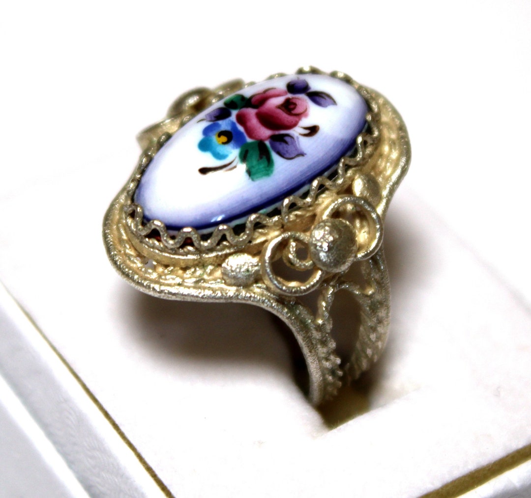 Vintage Hand Painted Enamel Ring, Adjustable Filigree Band - Etsy