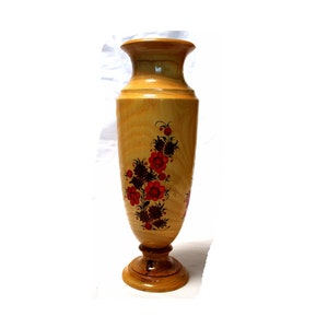 Huge Vintage 1980 Unique Ukrainian Handmade & Hand Painted Vase From Natural Hardwood Red Flowers and Lacquered Natural Wood Texture #105