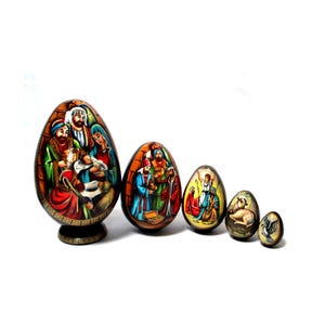 Vintage Traditional Russian Hand painted Christmas Matrioshka Handmade in Ukraine Nesting Doll Nativity Scene Great Souvenir Egg Shape #97