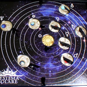 Puede incluir: Una vitrina negra y plateada con un diseño circular que representa el sistema solar. La vitrina incluye nueve monedas de plata, cada una representando un planeta diferente, con el sol en el centro. Las monedas están dispuestas en un círculo alrededor del sol, con los planetas en su orden correcto desde el sol. La vitrina también incluye el texto "SISTEMA SOLARE" en la parte inferior.