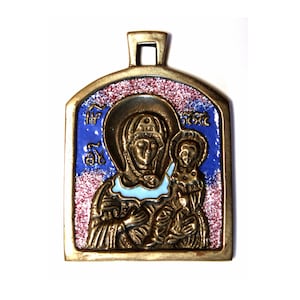 Antique Rare Russian Solid Brass and Enamel Beginning XX Century Circa 1920 Orthodox Icon Virgin Mary & Baby Jesus Excellent Condition #134
