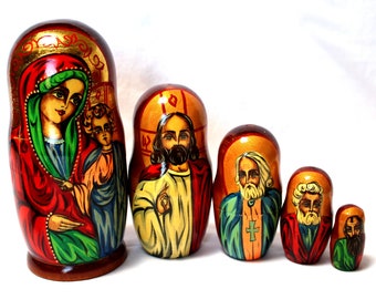 Vintage Religious Russian Nesting Doll – Hand-Painted Matrioshka, 5 Doll Set