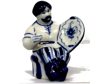 Figura de porcelana Gzhel vintage, decoración rusa pintada a mano, década de 1990, n.° 37, 45 y 68