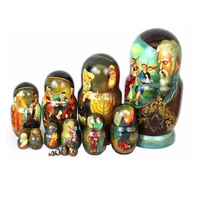 Vintage Hand Painted and Signed by the Artist Unique Russian Nesting Doll Matryoshka Represents Jewish Holidays 15 Dolls Set One of a Kind