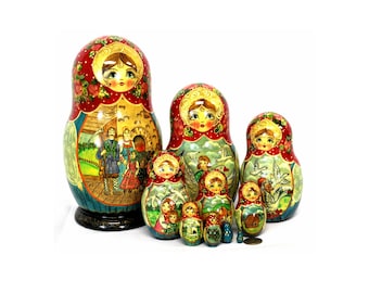 Vintage handgeschilderde Russische nestpop, sprookjesmatroesjka, set van 10 #175