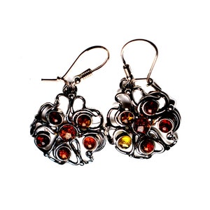 Baltic Genuine Amber Earrings in 925 Solid Sterling Silver Setting - Handmade Vintage Unique Floral Design #54