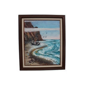Vintage Russian Framed Oil Original Painting on Canvas “Boat on the Shore” Painted and Signed by Russian Artist Yuriy Marinichev in 1993