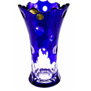 Czech Republic Unique Hand Cut to Clear 24% Lead Bohemian Blue Cobalt Crystal Vase Original Label Great Decoration Absolutely Gorgeous #34