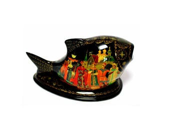Vintage Palekh Art Fish Lacquer Box, Czar Saltan Fairy Tale #131