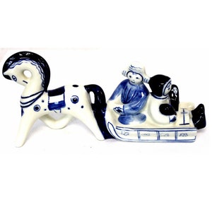 Vintage 1990s Original Made in Russia Blue & White Porcelain Gzhel Figurine Family on Sled Great for Collection and Home Decoration #20