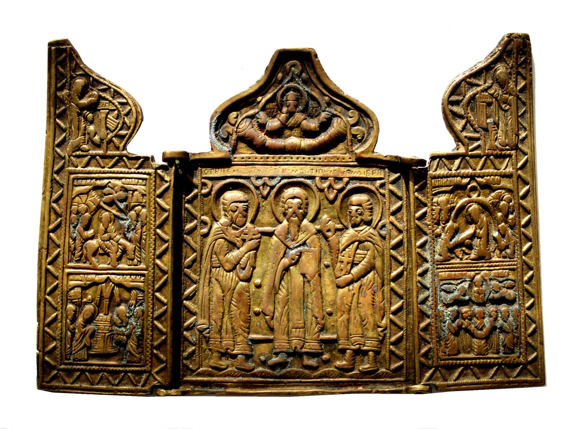 Antique Russian Bronze Triptych Icon, Antipas of Pergamum, XIX