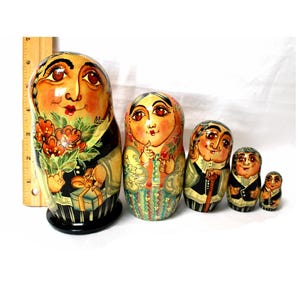 Vintage Hand-Painted Matryoshka Nesting Dolls: Jewish Family, USSR Art
