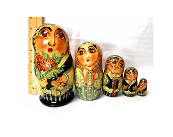 Vintage Hand-Painted Matryoshka Nesting Dolls: Jewish Family, USSR Art