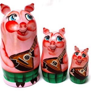Vintage Traditional Russian Nesting Wooden Doll Matrioshka HandPainted by Russian Artist 3 doll set 5.5&quot;  Three Piglets Great Gift Idea #180