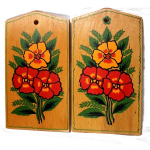 Vintage 1980s Floral Hand-Painted Birch Cutting Board Set: USSR Kitchen Decor