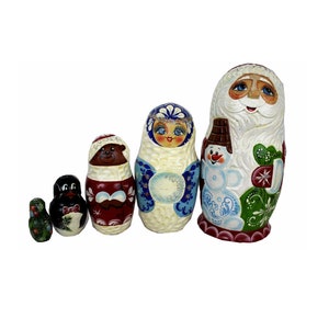 Vintage Matrioshka Unique Wooden Ukrainian Nesting Doll – Santa Family Hand Painted and CARVED by Ukrainian Artist, Christmas Gift- 5 pieces