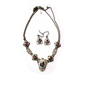 Vintage Russian Unique Handmade and Hand Painted Enamel Set Earrings and Necklace Finift Technique JEWELRY Intricate Handmade Filigree #59