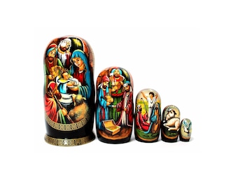 Matrioska della Natività vintage dipinta a mano, bambole russe a incastro ucraine (5 pezzi) #90