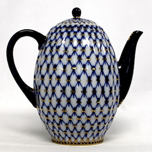 Cafetera vintage de porcelana Lomonosov: red de cobalto, diseño imperial ruso n.° 84,92