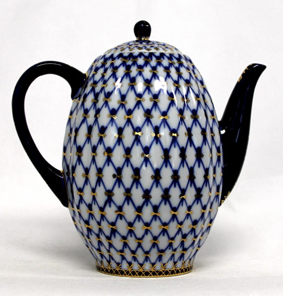 Vintage Lomonosov Porcelain Coffeepot: Cobalt Net, Russian