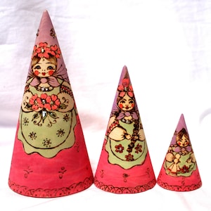 Vintage Unusual Russian Nesting Wooden Doll Matrioshka Hand Painted and Wood Burnt by Russian Artist  3 doll set Cone Shape 3 Variation #164