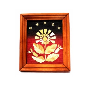 Vintage Straw Art Plaque: Handmade Floral Wall Decor, USSR 1980s