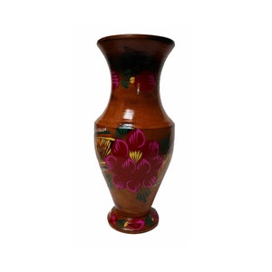 Vintage 1980s Unique Ukrainian Handmade & Hand Painted Around Vase From Natural Wood with Purple Flowers and Wood Texture, Lacquered #33