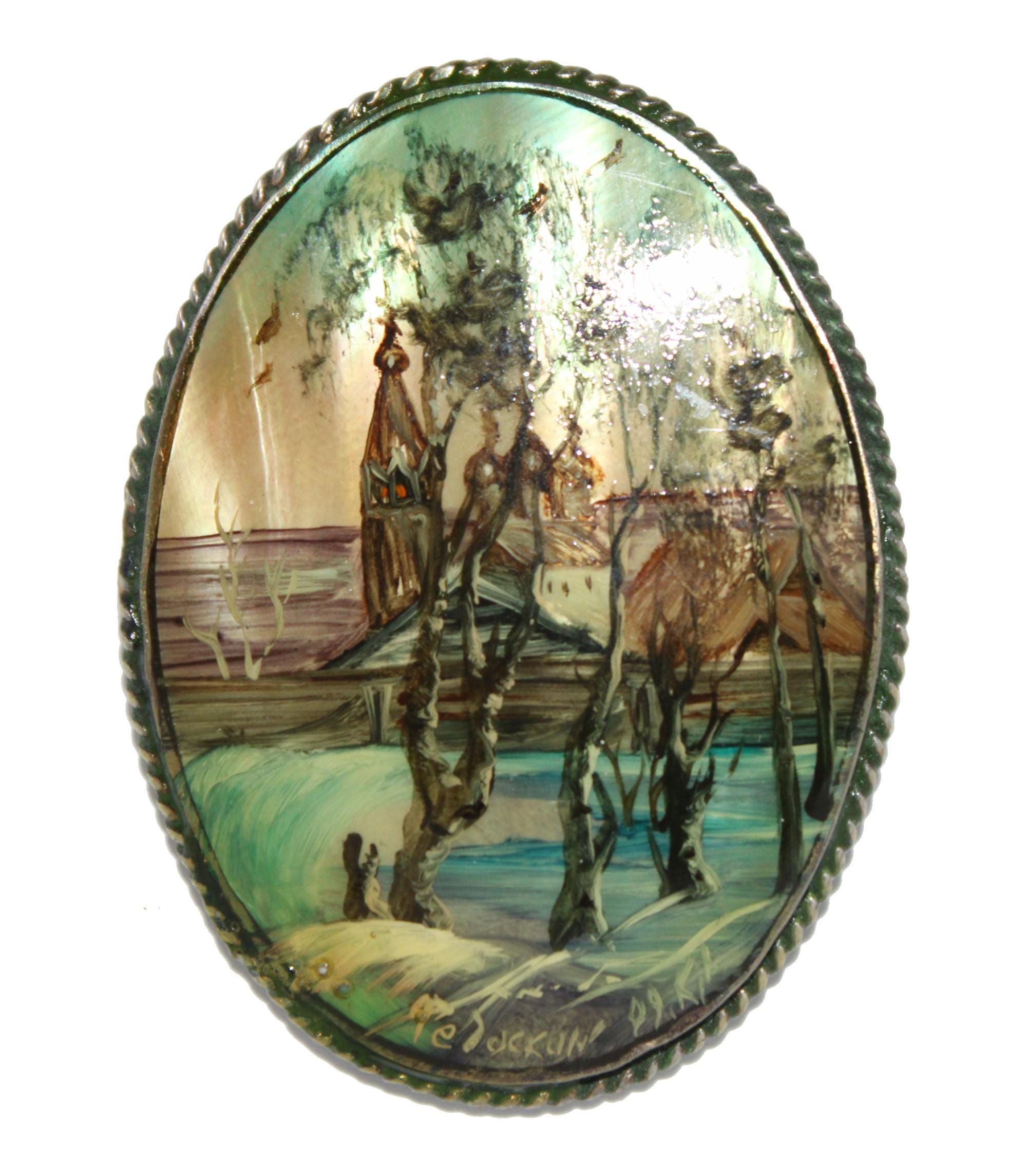 Broche russe nacre FEDOSKINO Paysage d'hiver Russe - Bijou