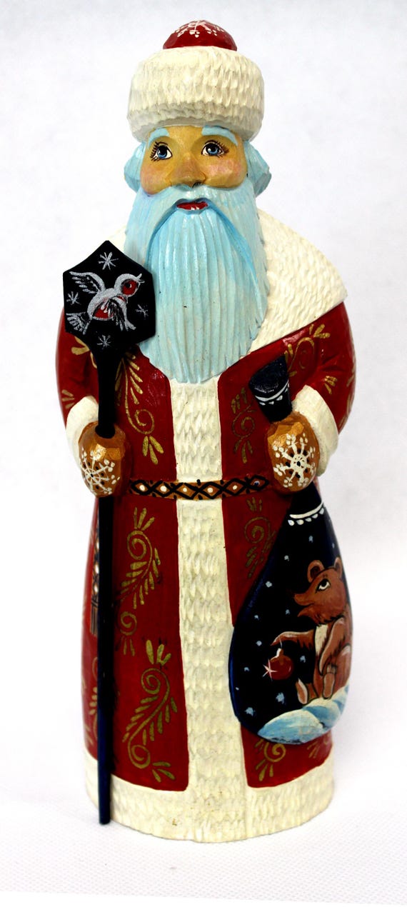 サンタ Vintage 1998 Hand-painted Russian Wood Santa Claus, Bear Sack #32