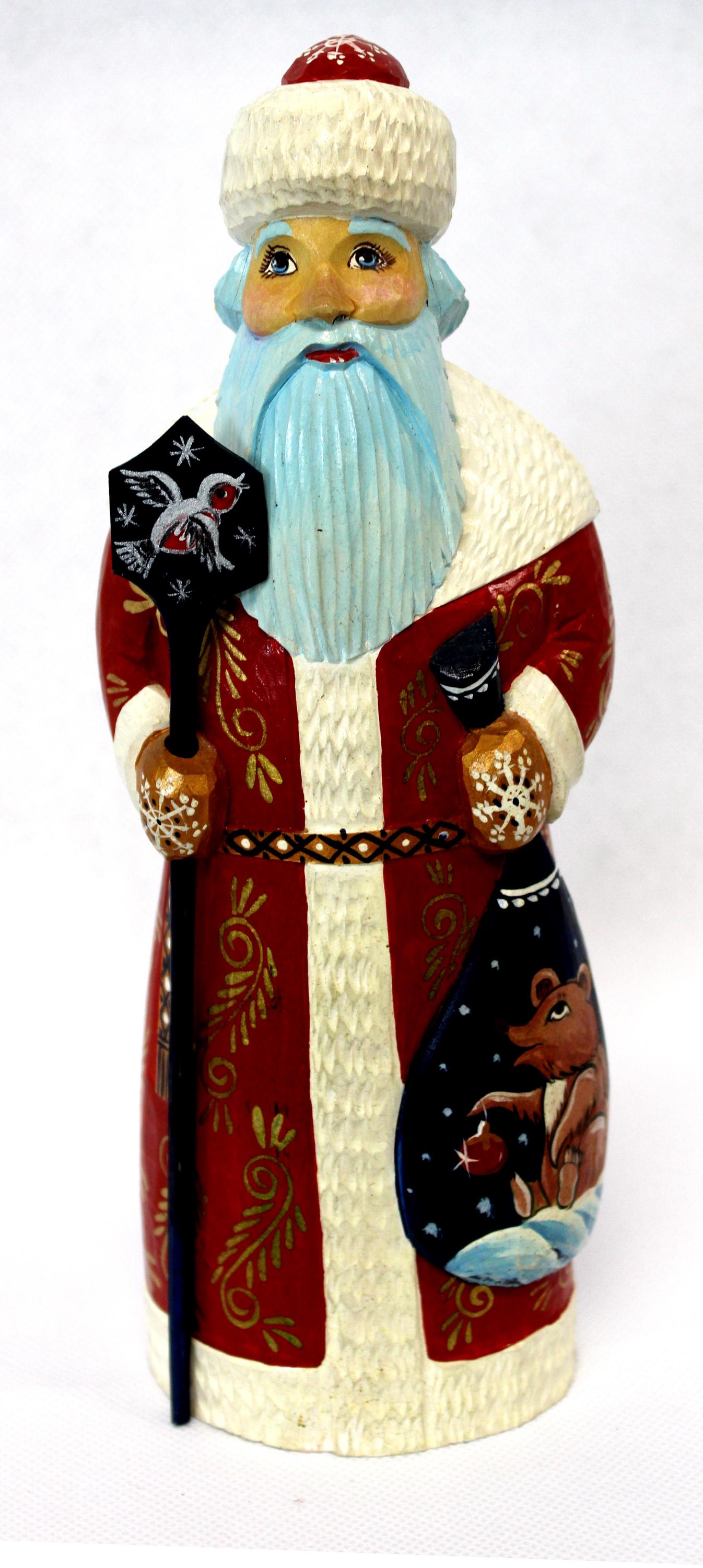 Vintage 1998 Hand-painted Russian Wood Santa Claus, Bear Sack #32