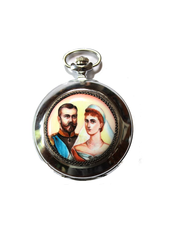 Vintage Molnija Pocket Watch, Russian Czar Nicholas II Enamel Portrait, 15 Jewels #66