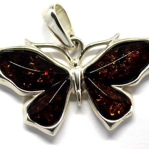 Vintage Baltic Amber Butterfly Pendant: Sterling Silver, Made in Poland #43