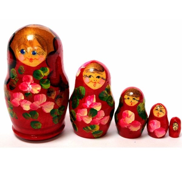 Vintage Traditional Russian Nesting Doll Matrioshka -Hand Painted by Russian Artist  5 doll set – 3.5" First Doll Height Floral Design #222