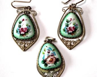 Vintage Floral Enamel Pendant & Earrings Set Russian Finift 3 Variations #68-70