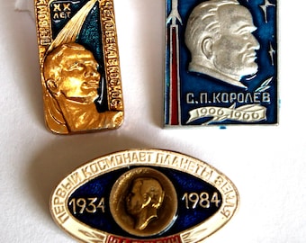 Vintage USSR Space Program Pins, Gagarin & Korolyov, 1960s-80s #312