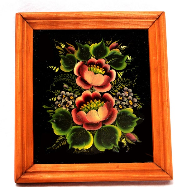 Vintage USSR Painted & Signed by Belarusian Artist Wall Decoration Flowers on Lacquered Cardboard Framed Picture Home Office Decoration #13
