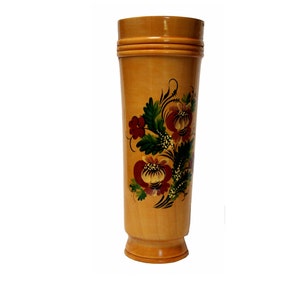 Vintage 1980s Unique Ukrainian Handmade & Hand Painted Vase From Natural Hardwood with Purple Flowers and Lacquered Natural Wood Texture #25
