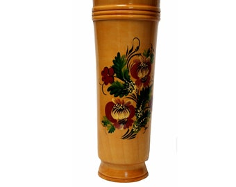 Vintage Ukrainian Hand-Painted Wood Vase, Floral Folk Art #25